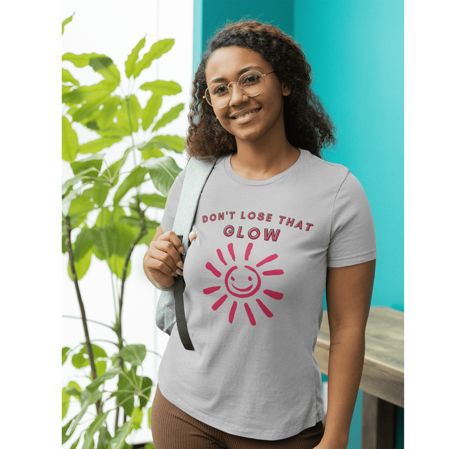 Don't Lose that Glow(Graphic Fuchsia Text with Smiling Sun) Unisex Jersey Short Sleeve Tee - Style: Bella+Canvas 3001