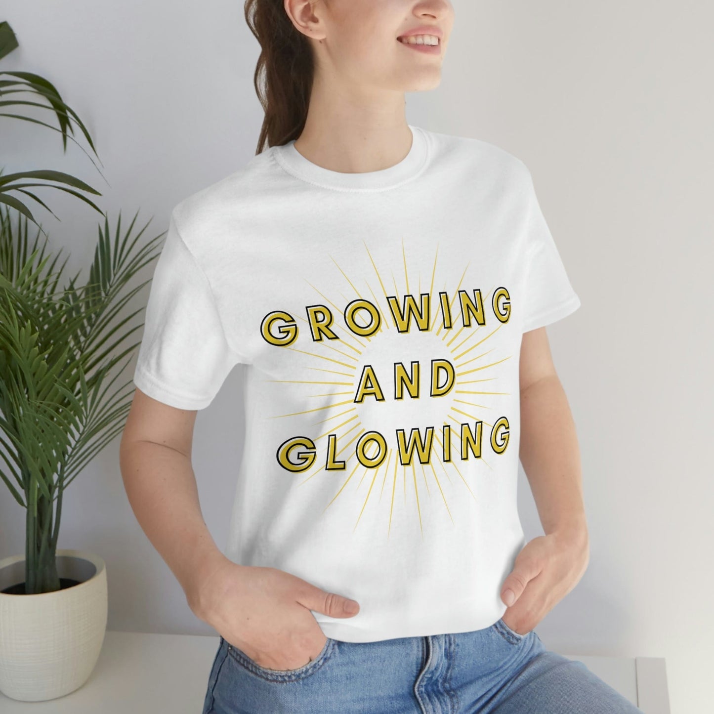 Growing And Glowing ( Graphic Yellow and Black Text Sun Burst ) Unisex Jersey Short Sleeve Tee - Style: Bella+Canvas 3001