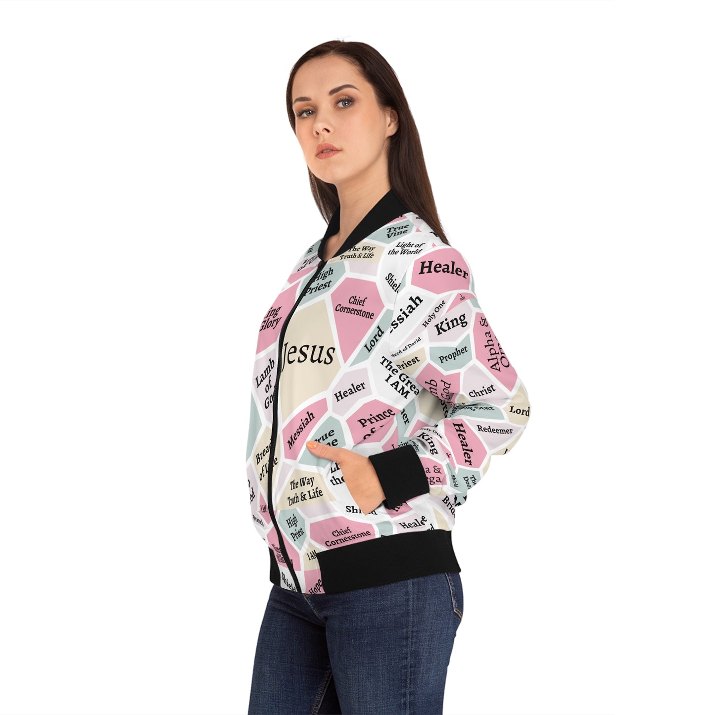 Jesus Bomber Jacket for Women – Black Trim Faith Jacket - Original Design!
