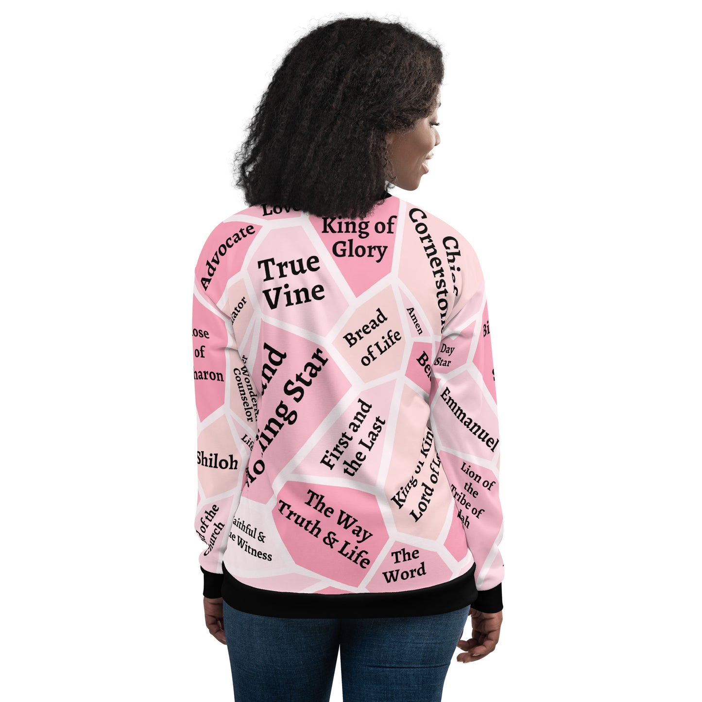 I AM Names of Jesus Unisex Bomber Jacket Unisex Bomber Jacket (Pink Hues)