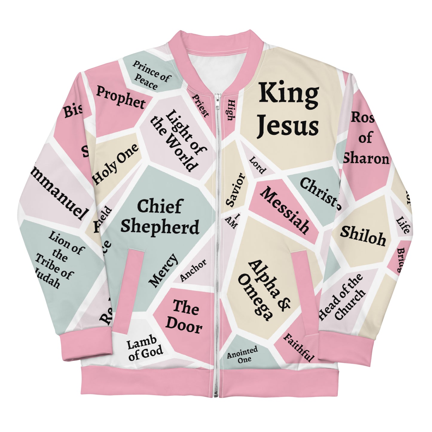 I AM Names of Jesus Unisex Bomber Jacket - Pink Trim - REFRESHED DESIGN