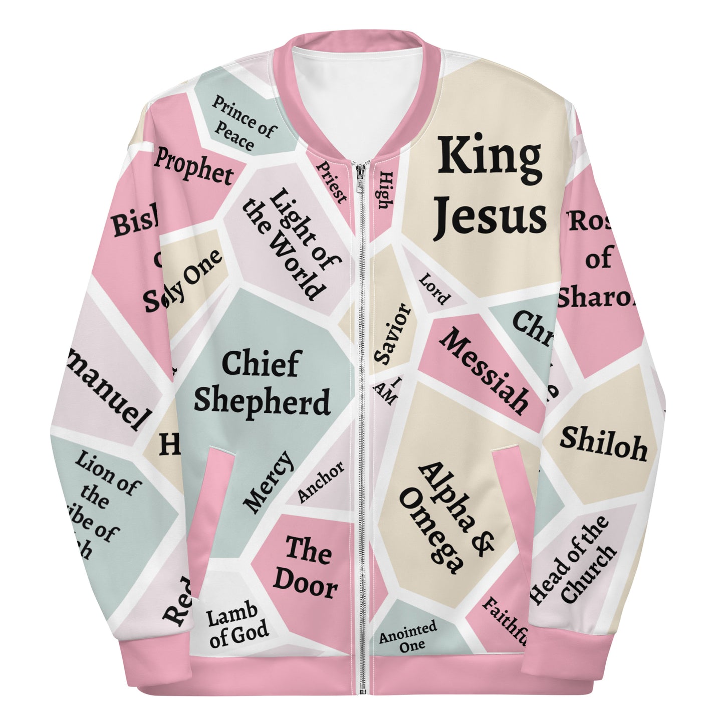 I AM Names of Jesus Unisex Bomber Jacket - Pink Trim - REFRESHED DESIGN
