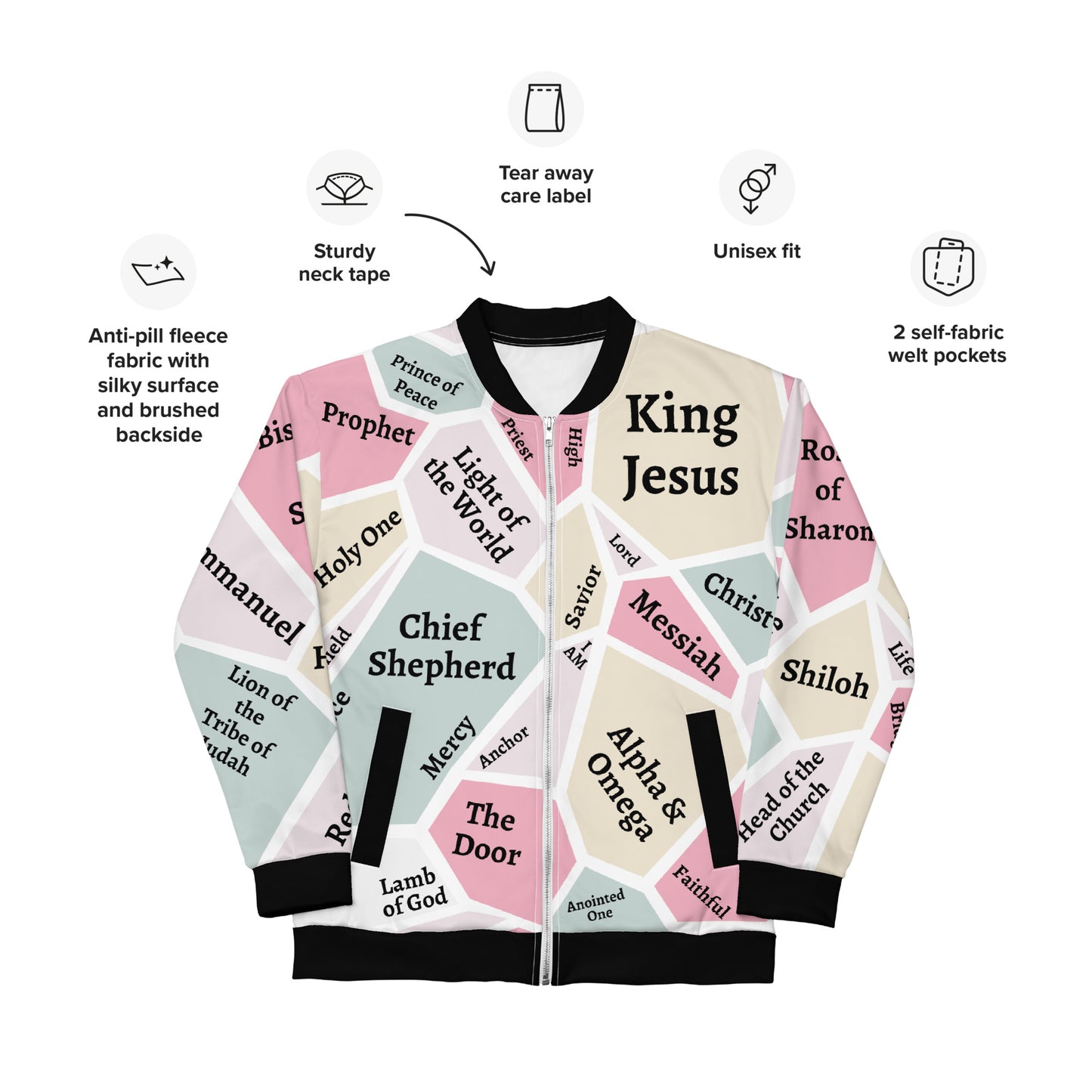 I AM Names of Jesus Unisex Bomber Jacket - Black Trim - REFRESHED DESIGN