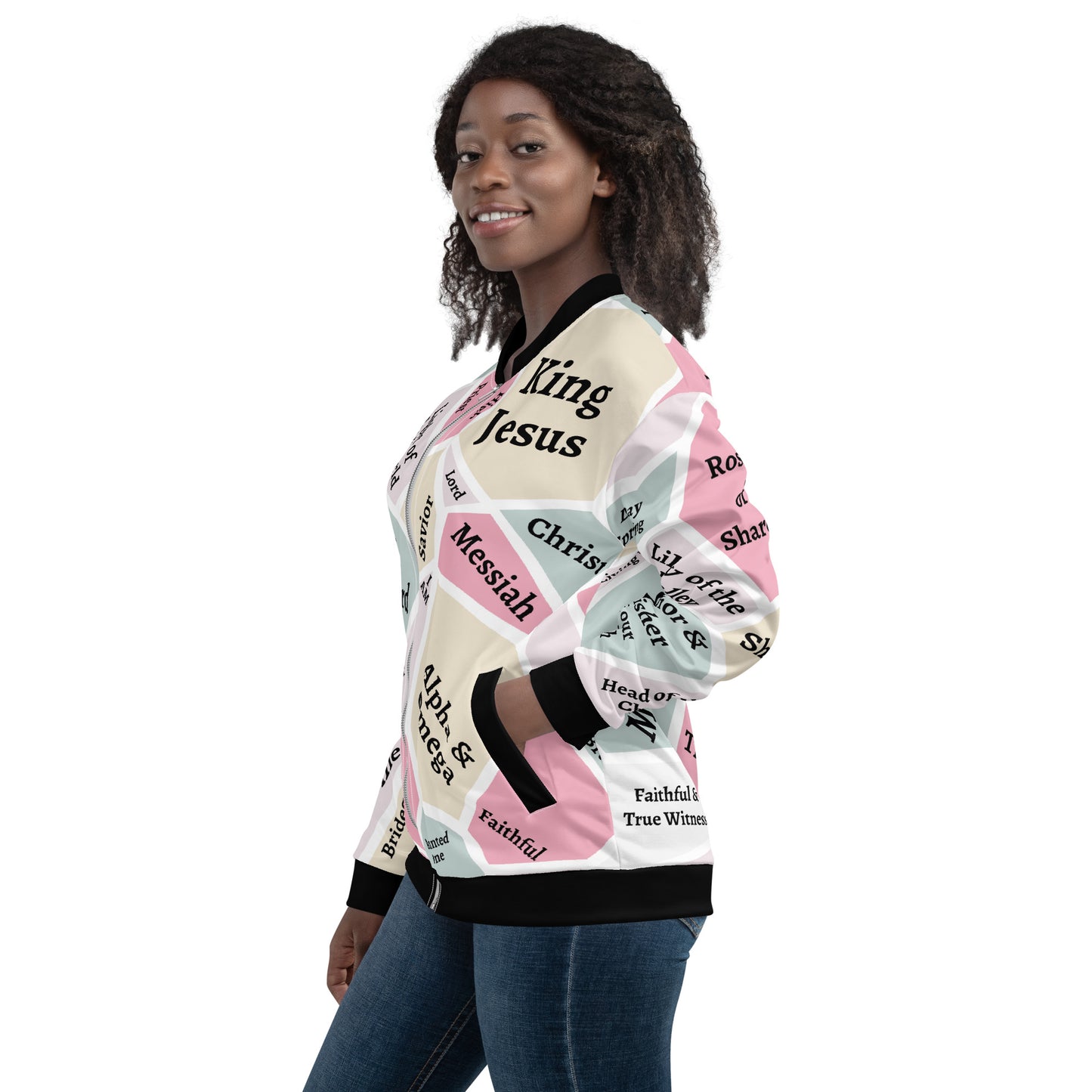 I AM Names of Jesus Unisex Bomber Jacket - Black Trim - REFRESHED DESIGN