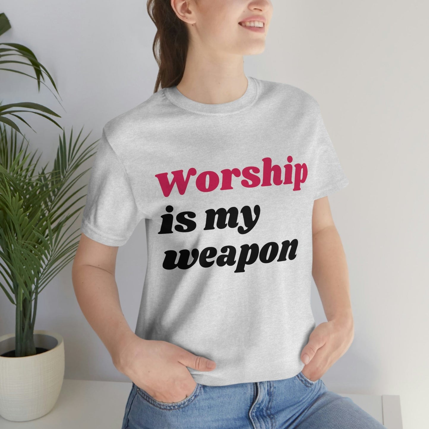 Worship Is My Weapon (Graphic Fuchsia & Black Text) Unisex Jersey Short Sleeve Tee - Style: Bella+Canvas 3001
