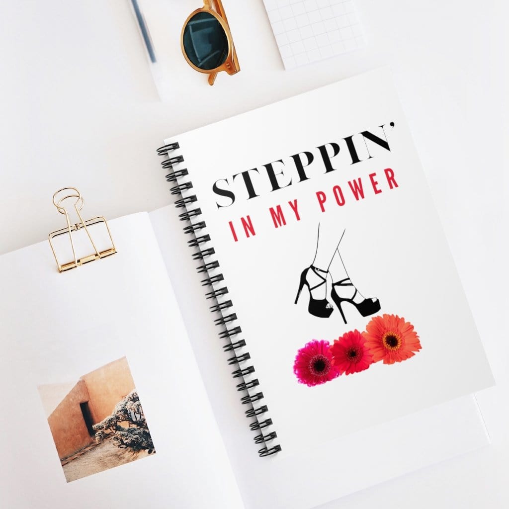 Steppin' in my Power (Black Heels & Three Flowers Design) Spiral Notebook - Ruled Line