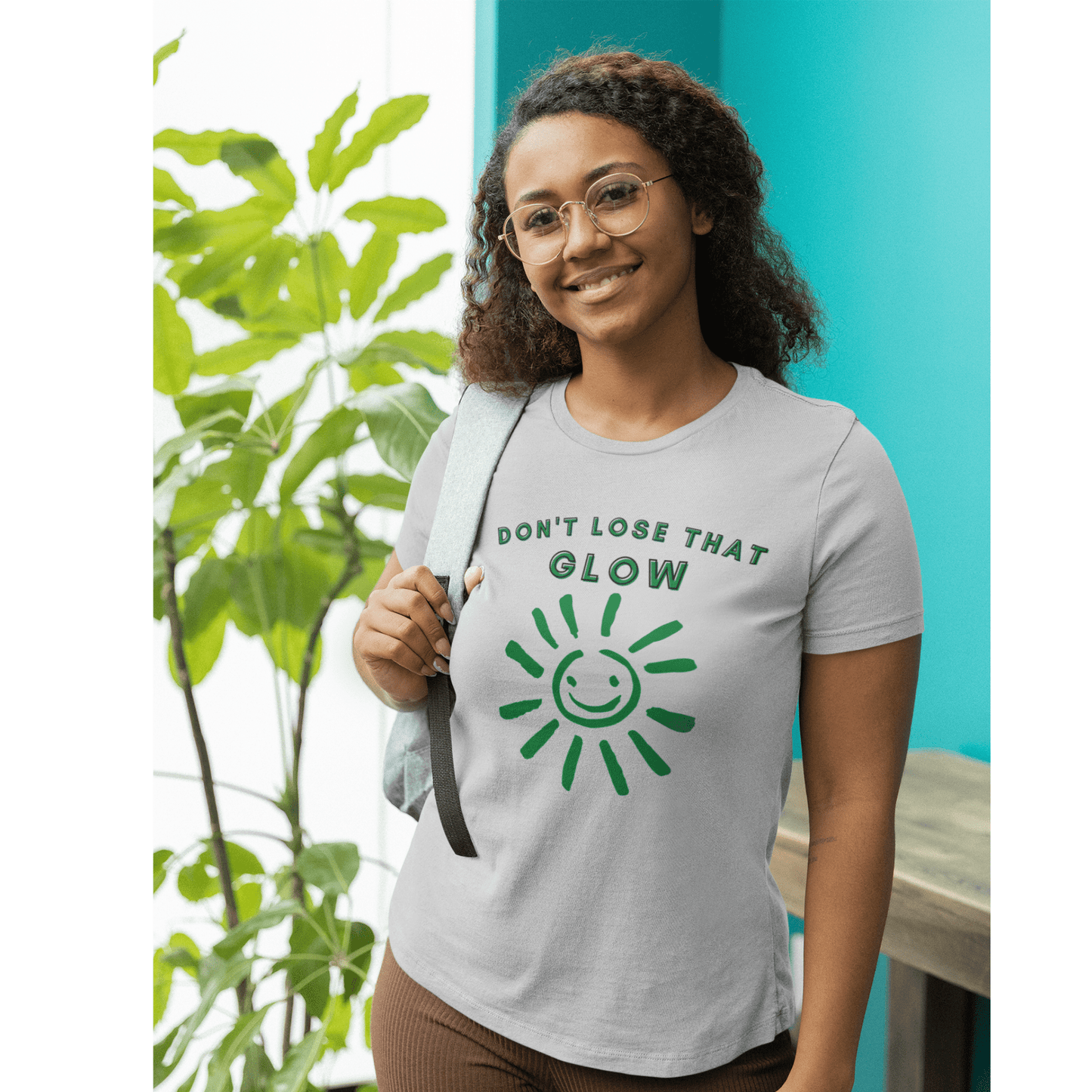 Don't Lose that Glow(Graphic Green Text with Smiling Sun) Unisex Jersey Short Sleeve Tee - Style: Bella+Canvas 3001