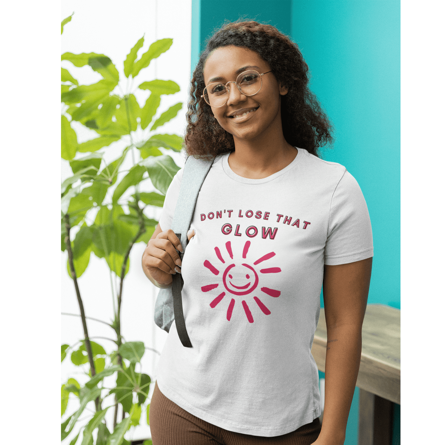 Don't Lose that Glow(Graphic Fuchsia Text with Smiling Sun) Unisex Jersey Short Sleeve Tee - Style: Bella+Canvas 3001