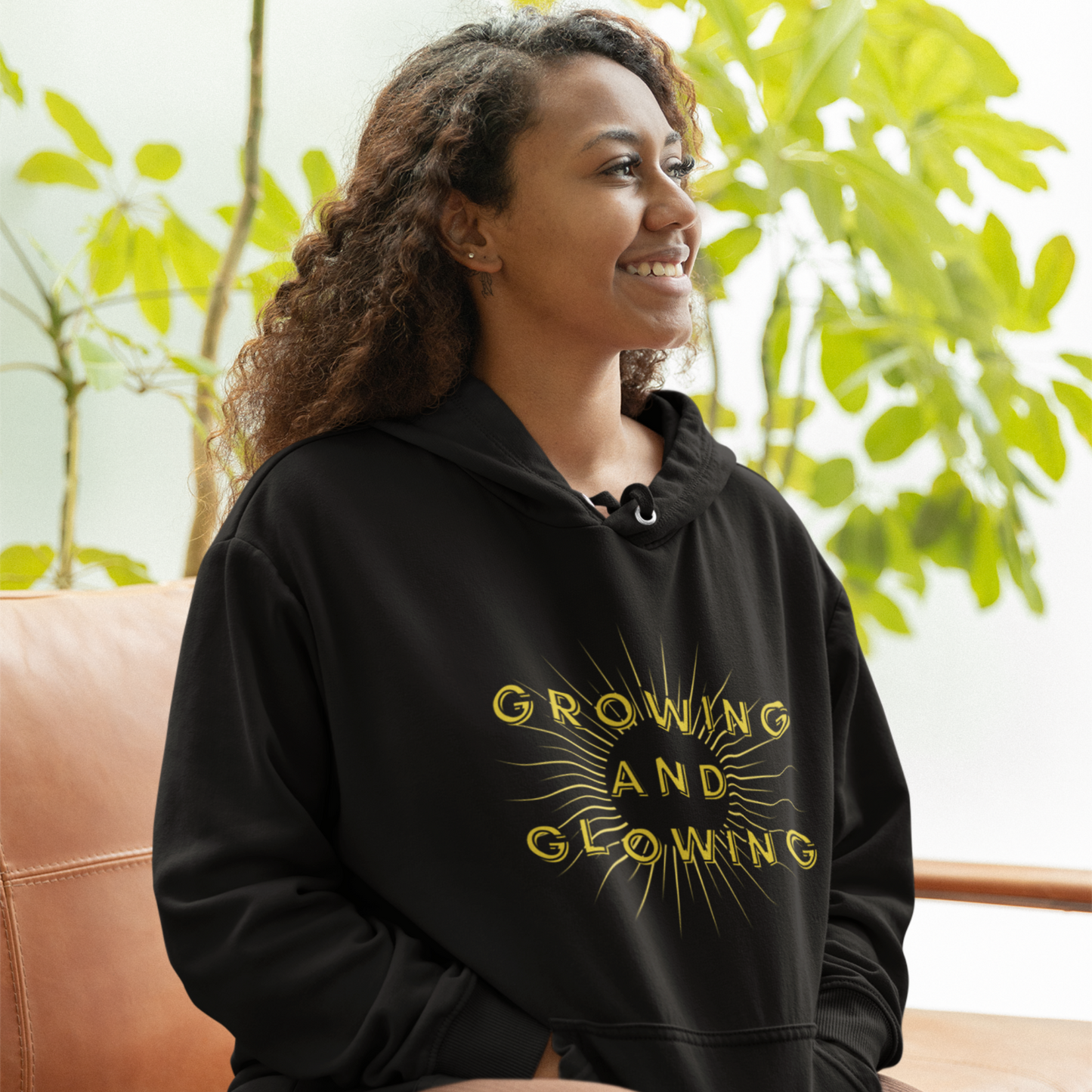 Growing and Glowing (Graphic Yellow Text with Sun Burst) Unisex Heavy Blend Hoodie - Style: Gildan 18500