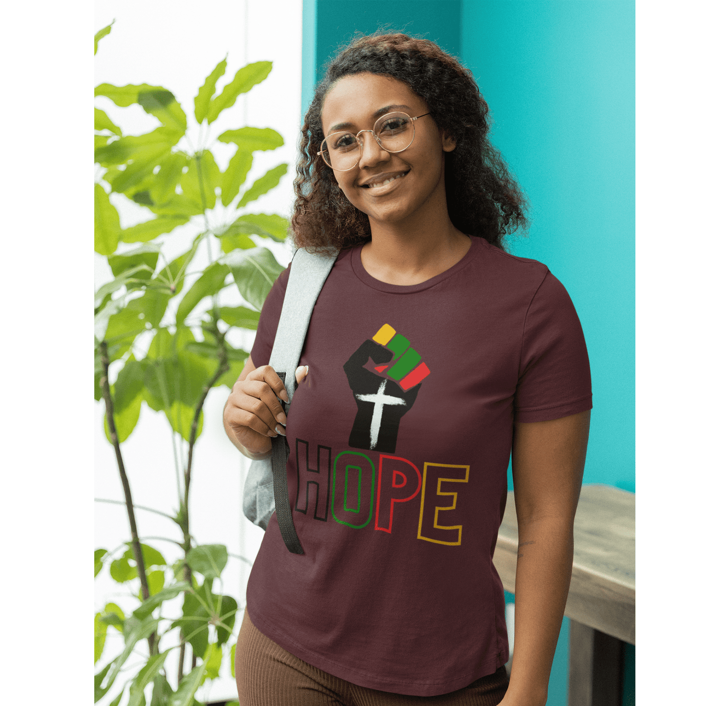 HOPE Faith and Empowerment (Graphic Colorful Text and Empowerment Hand) Unisex Jersey Short Sleeve Tee - Style: Bella+Canvas 3001