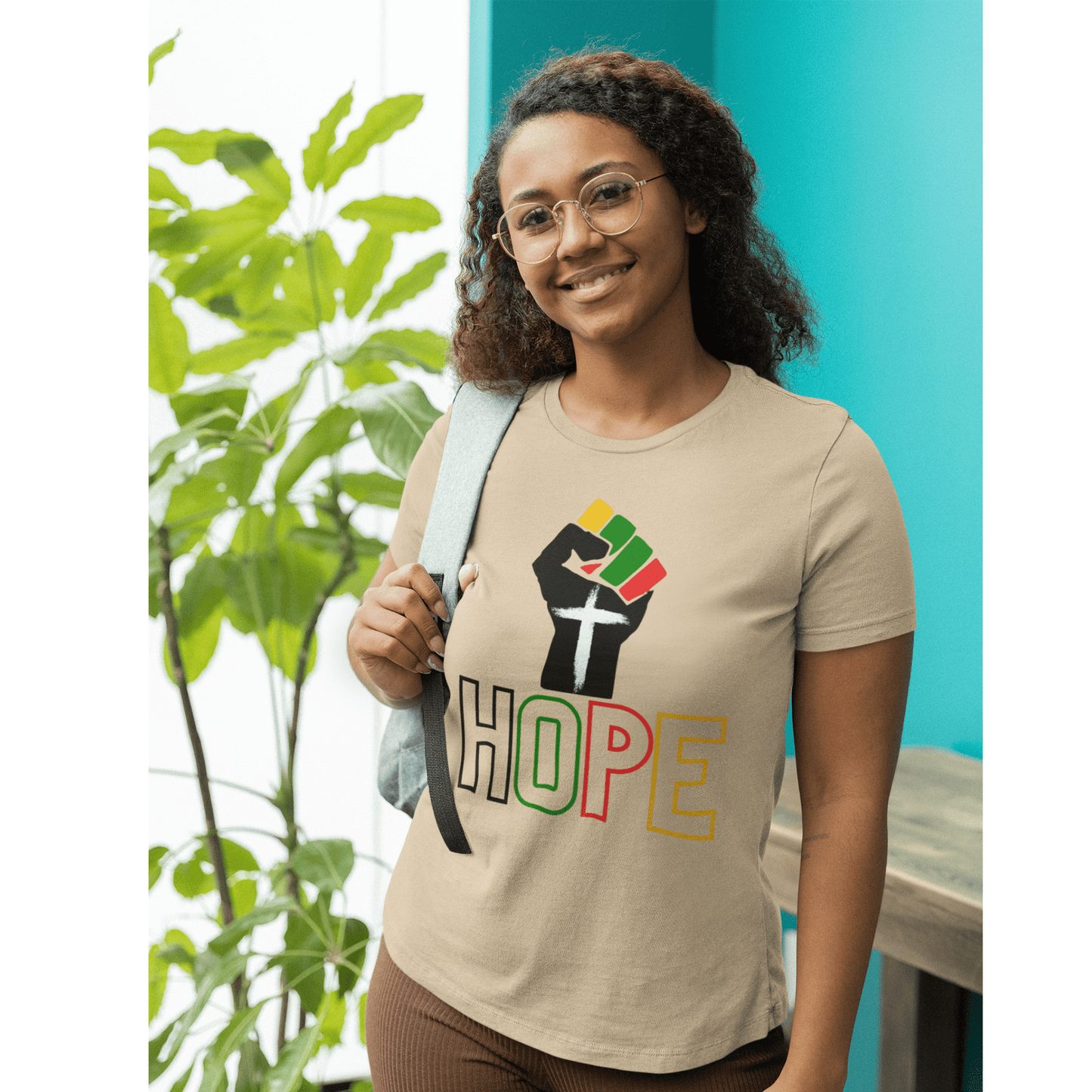 HOPE Faith and Empowerment (Graphic Colorful Text and Empowerment Hand) Unisex Jersey Short Sleeve Tee - Style: Bella+Canvas 3001