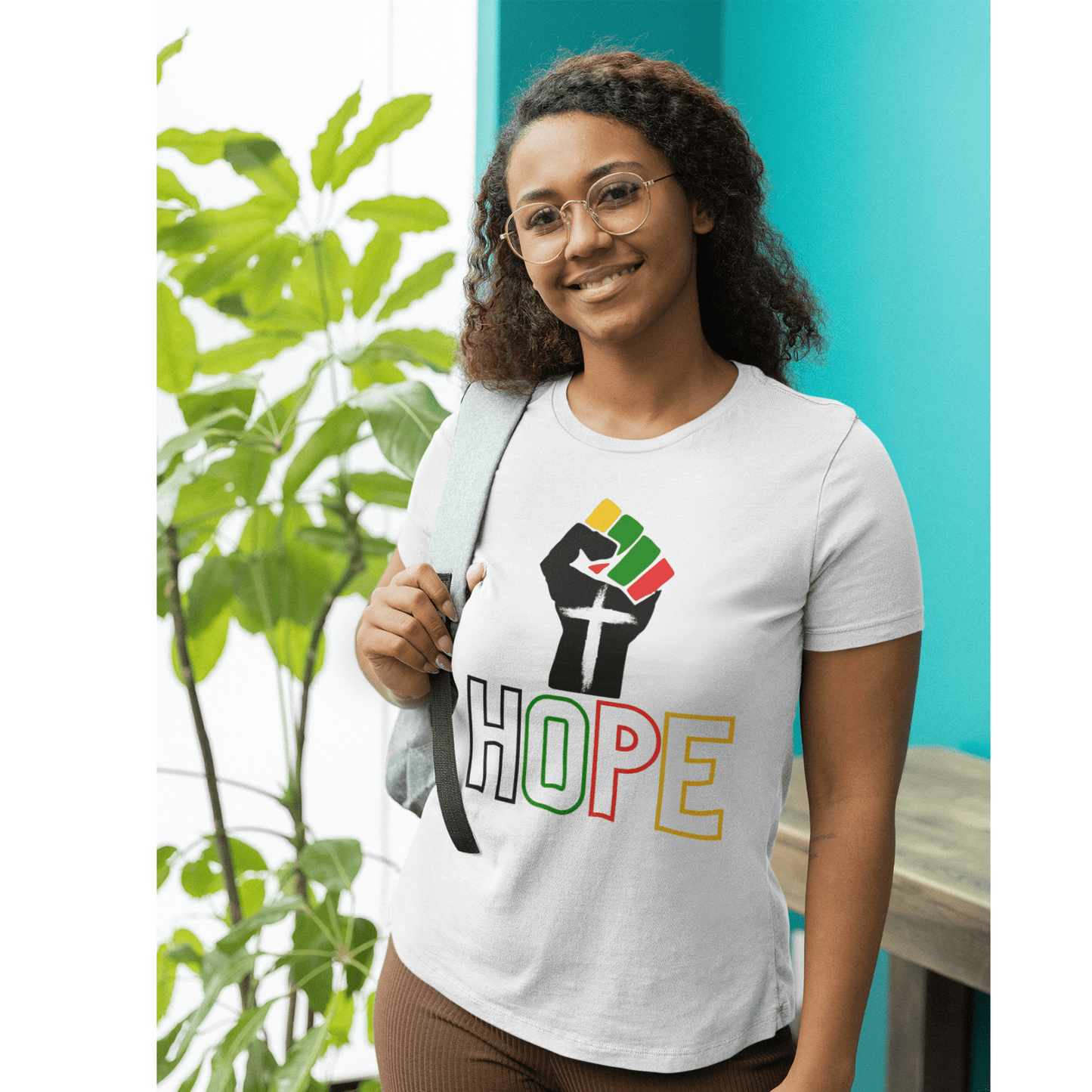HOPE Faith and Empowerment (Graphic Colorful Text and Empowerment Hand) Unisex Jersey Short Sleeve Tee - Style: Bella+Canvas 3001