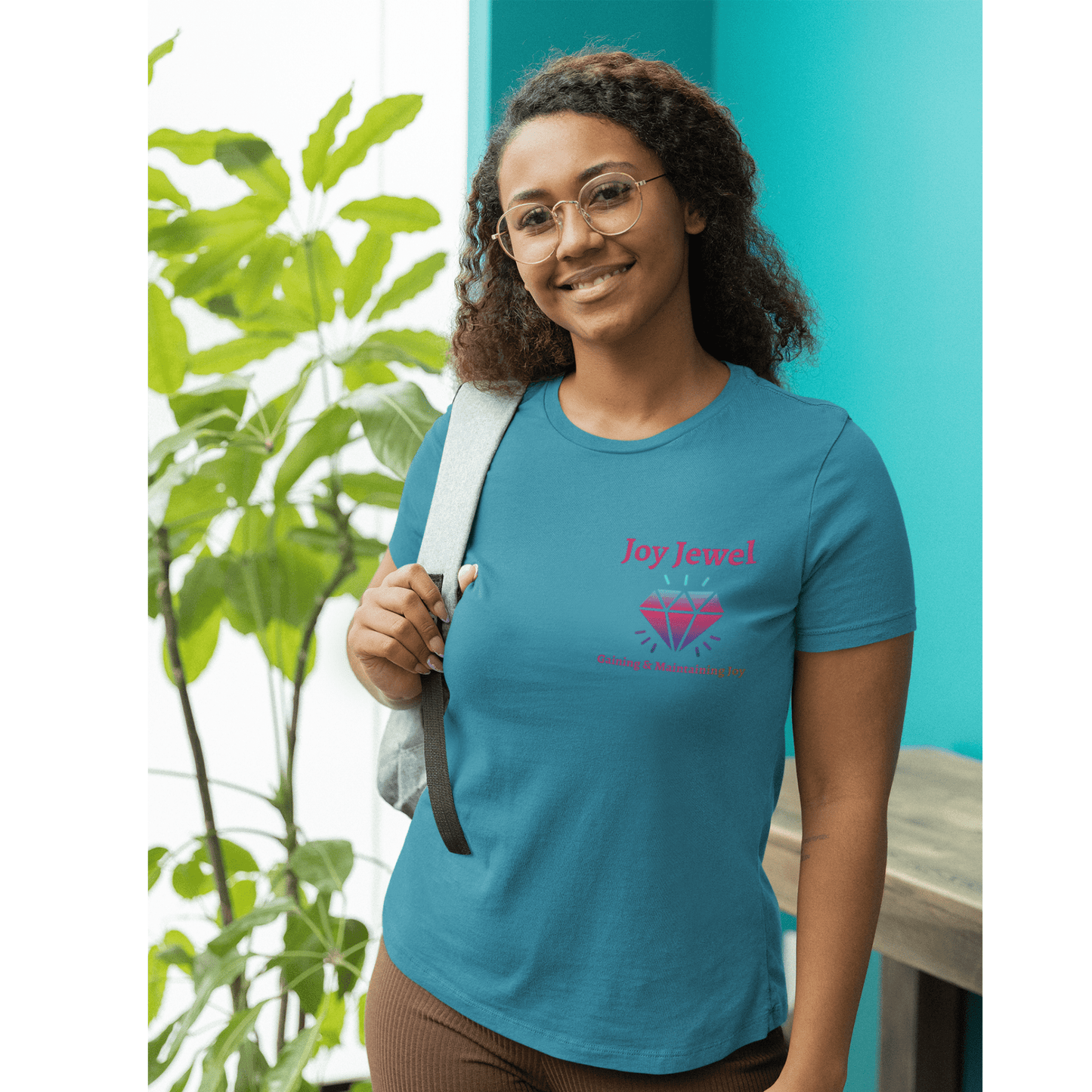 Joy Jewel: Gaining & Maintaining Joy (Small Graphic Fuchsia Text with Left Chest Colorful Diamond) Unisex Jersey Short Sleeve Tee - Style: Bella+Canvas 3001