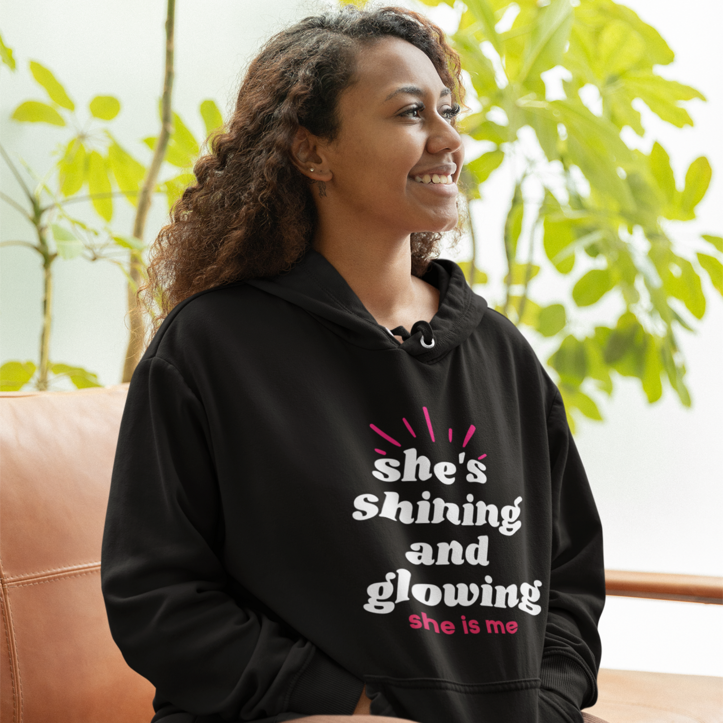 She’s Shining and Glowing: She is Me (Graphic White & Fuchsia Text) Unisex Heavy Blend Hoodie - Style: Gildan 18500