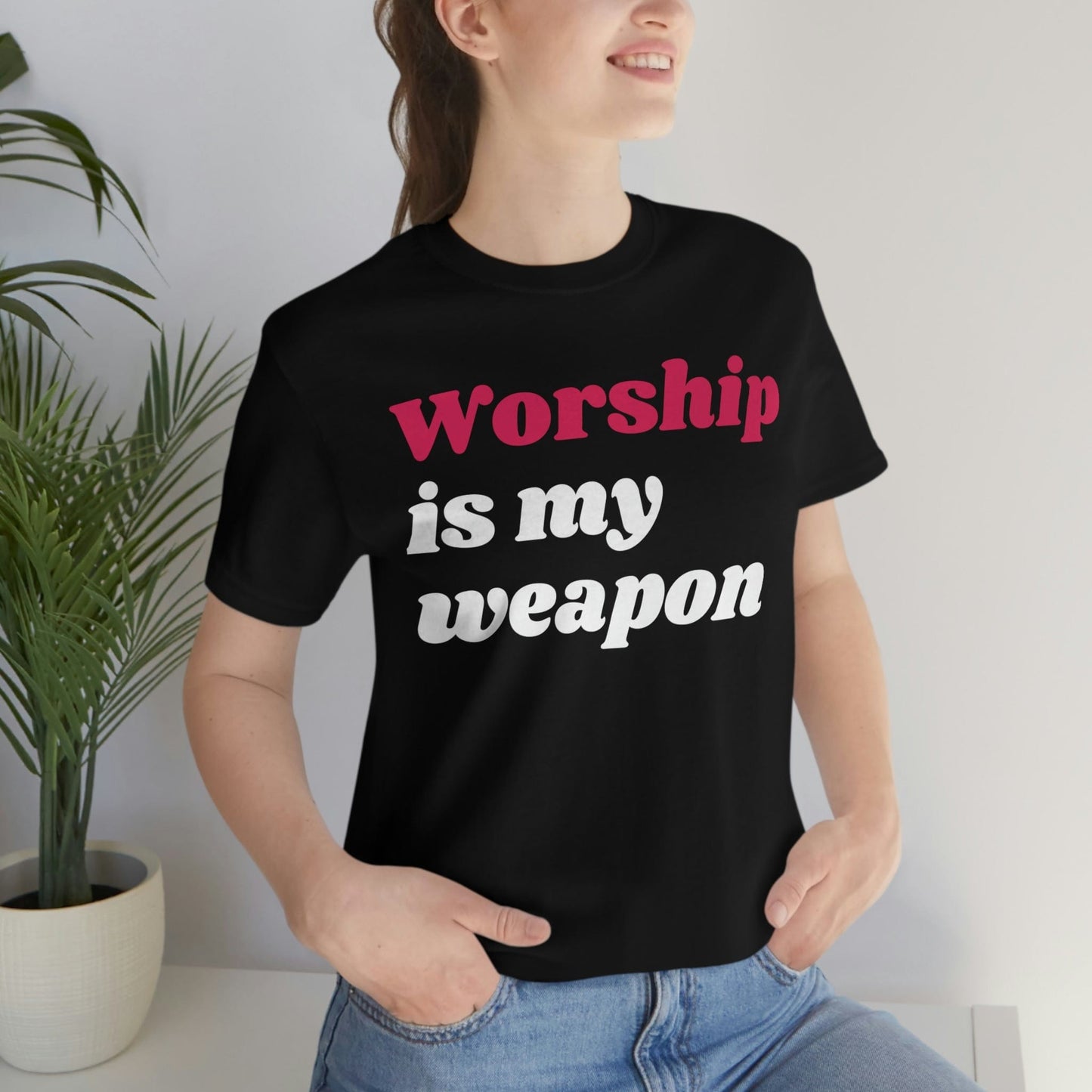 Worship Is My Weapon (Graphic Fuchsia & White Text) Unisex Jersey Short Sleeve Tee - Style: Bella+Canvas 3001
